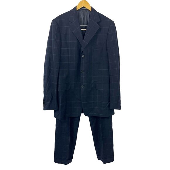 Ermenegildo Zegna Navy Blue Grid Plaid Wool Suit Jacket & Pants - Size 52L - Picture 1 of 15